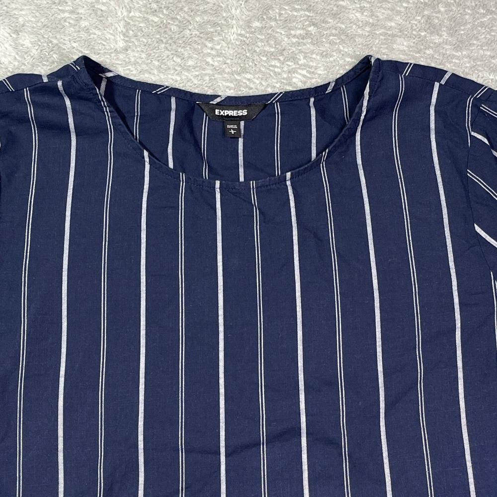 Express Women's Dress Large Blue White Striped Ruffle Sleeve Tie Waist Outdoorsy